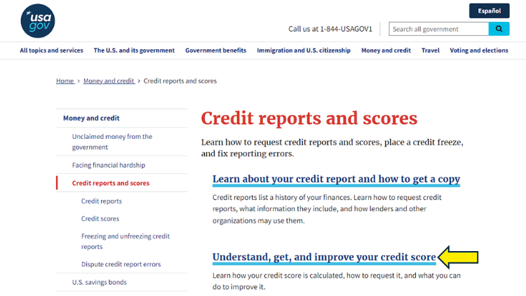 A screenshot of the USA.gov website page titled Credit reports and scores, with a yellow arrow pointing to the link Understand, get, and improve your credit score.