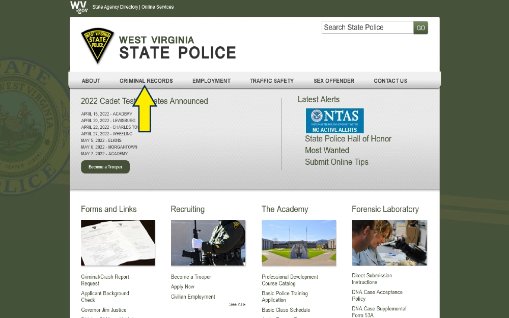 West Virginia State police website screenshot with yellow arrow pointing to criminal records for getting west virginia state police background check
