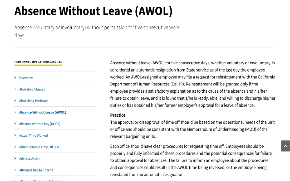 Screenshot of an absence without leave policy protocol outlining what does abandoning your job mean and how long does job abandonment stay on your record. 