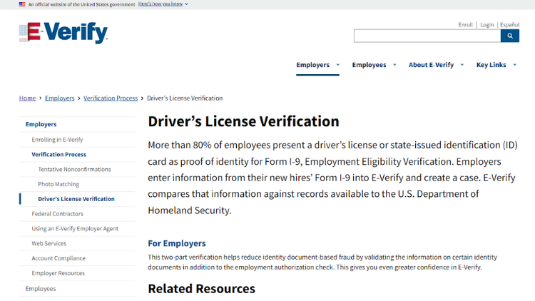 A screenshot of the E-Verify website page titled Driver’s License Verification.