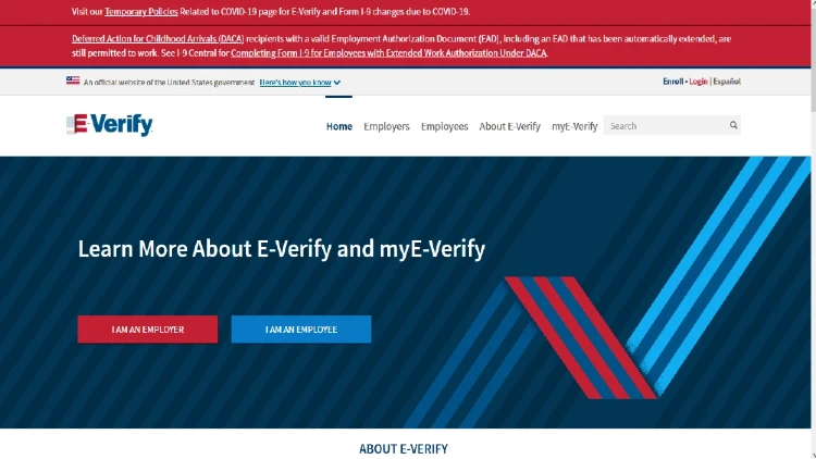 E-verify website screenshot with red and blue buttons for employers and employees.