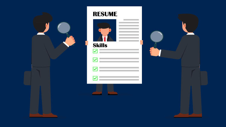 Three people in business attire are examining a large resume with a photo and a list of skills, highlighted by checkmarks. Two of them are holding magnifying glasses.
