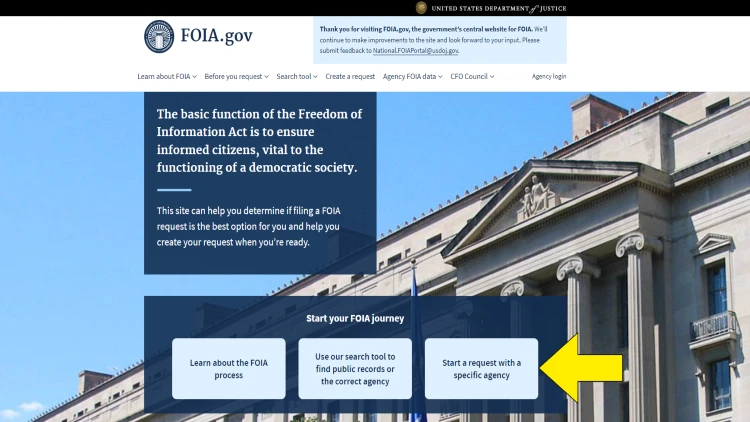 Screenshot from FOIA website with yellow arrow pointed on a topic "Start a request with a specific agency".