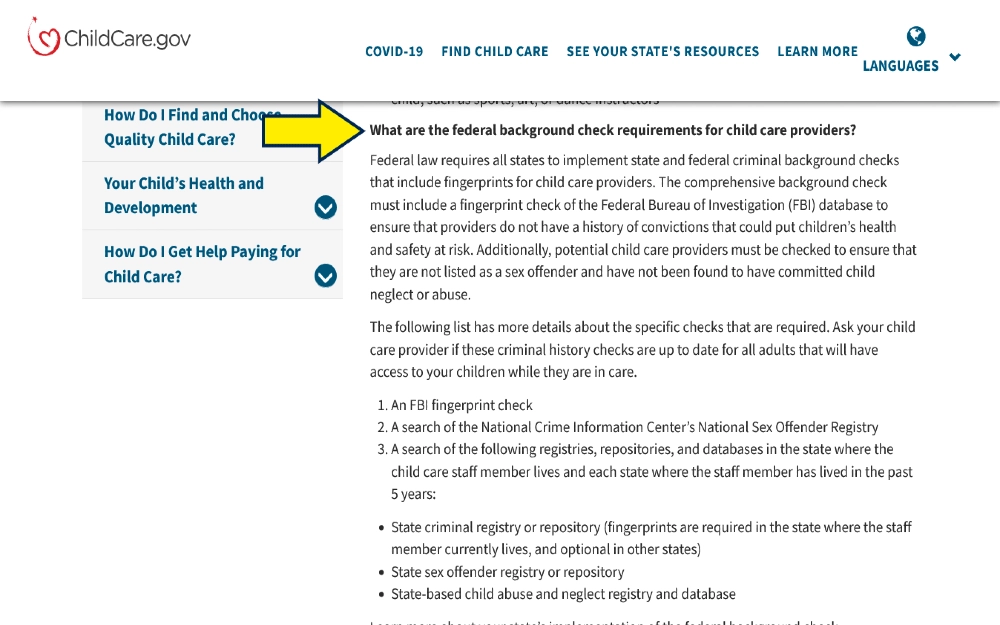 Child care .gov screenshot with yellow arrow pointing to the federal background hceck requirements for child care providers when asking how long does it take for an employment background check for child care, and how long does an employment background check usually take for child care. 