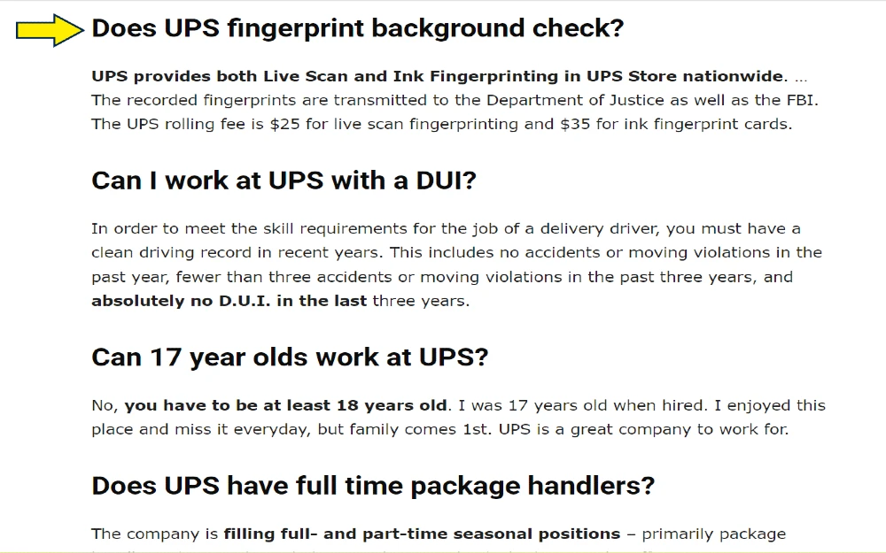 What background check does UPS use explained with yellow arrow pointing to the fingerprint background check rules used in a ups level 2 background check. 