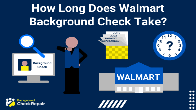How long does Walmart background check take a man asks while looking his watch and wondering how long does it take for a background check to come back for Walmart while a calendar flips pages indicating how much time as passed during his first request for how long does a background check take for a job at Walmart, blue supercenter building in lower right and clock in upper right corner while waiting for Walmart background check to come back.