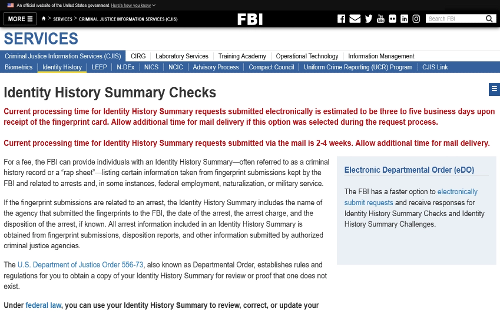 Screenshot of FBI identity history summary checks page which can dictate how long does a pre-employment background check take and especially how long does a law enforcement pre employment background check take. 