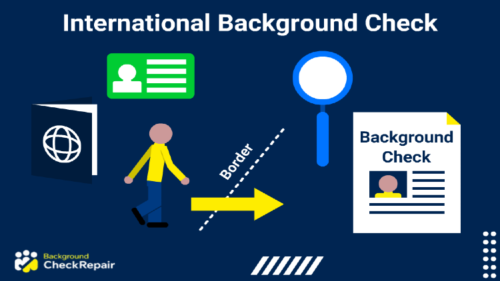 International background check document on the right while a man moves across a country border with his passport behind him, requiring an international background screening and police certification green card in upper left to pass his global background check verification.