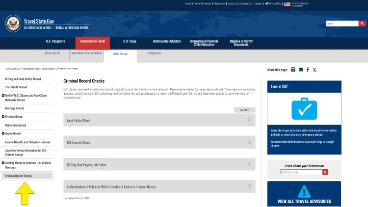 Screenshot for how to get certificates of good conduct for an international background check online, both with local police certificates, and FBI records checks. 