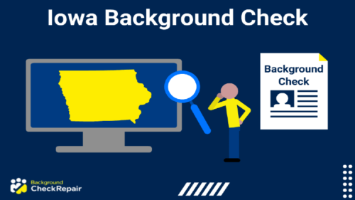 Iowa background check document on the right with a man scratching his chin wondering how to get a background check, Iowa state outline on a computer screen on the left with a magnifying glass illustrating how to get an Iowa criminal background check online.