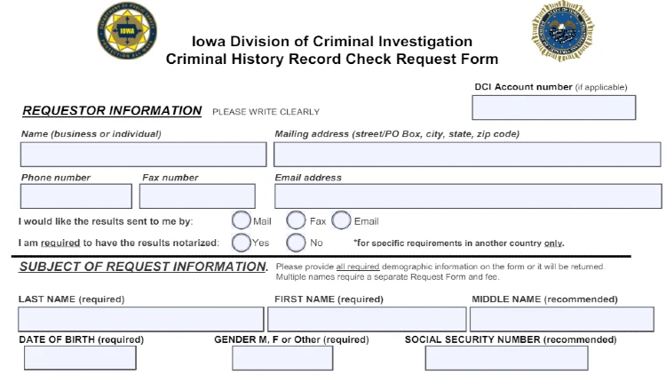 State of Iowa criminal history record check form for requests screenshot issued by the Iowa division of criminal investigation. 