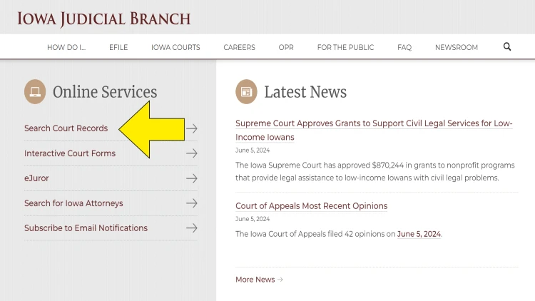 Iowa court website screenshot with a yellow arrow pointing at the 'Search Court Records' topic.