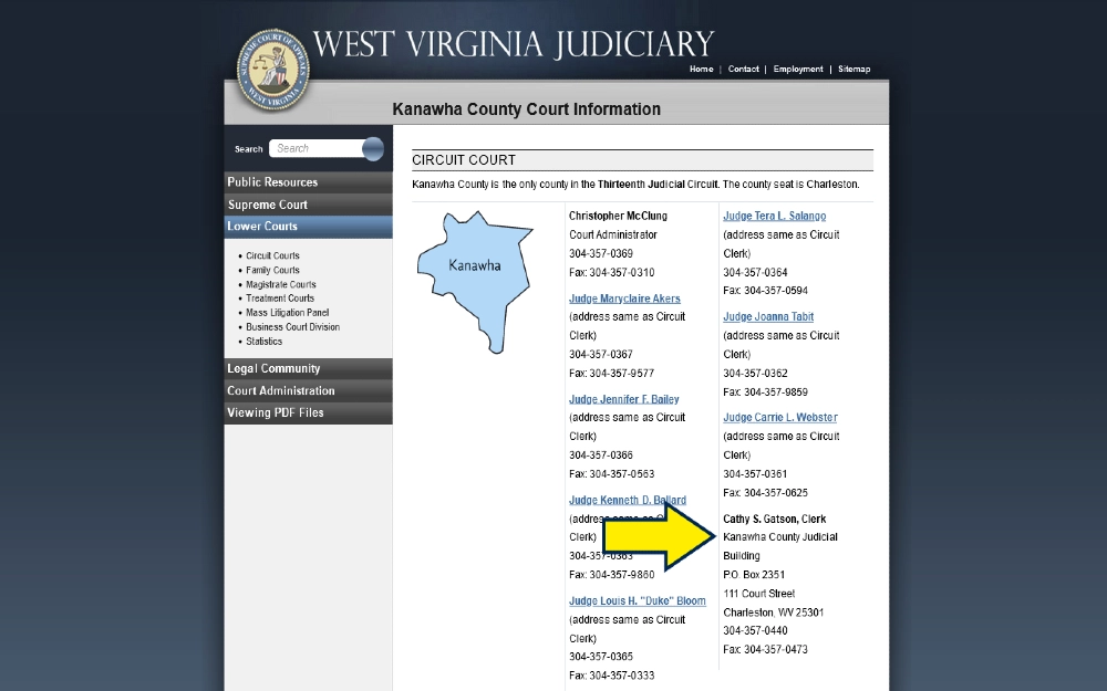 Judiciary WV screenshot with yellow arrow pointing to county clerk for finding free public records west virginia and wv background check