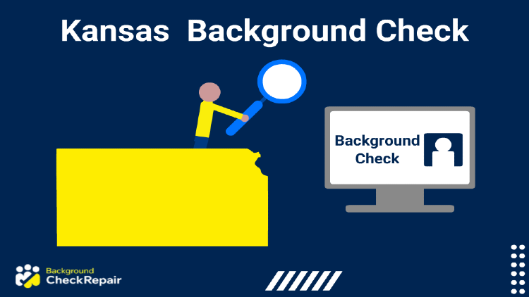 Kansas background check illustrated by a man holding a magnifying glass up to Kansas crime records reports and Kansas criminal records on a computer screen while running a free background check (Kansas), with the state of Kansas criminal background check on the left.