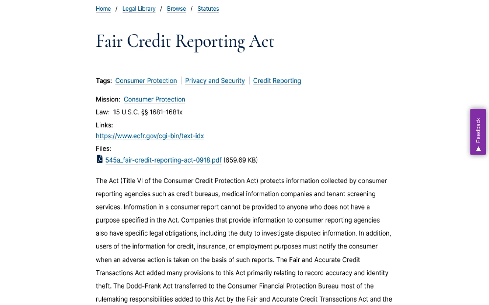 Screenshot of the Fair Credit Reporting Act law concerning background checks explaining how long does a background check take for pre employment. 