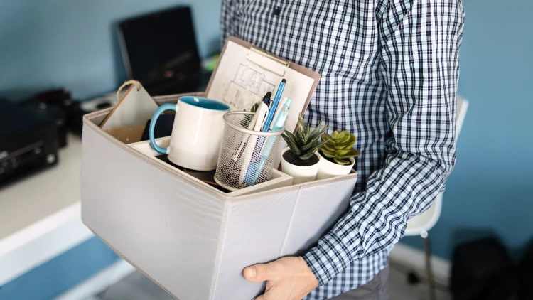 A man wearing a checkered shirt holds a box containing office supplies, including a mug, pens, a planner, a potted plant, and a pencil holder, suggesting he might have just been fired.