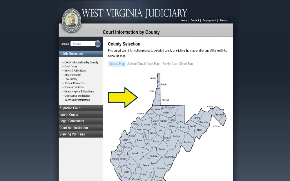 WV Judiciary map county selection for criminal history records check west virginia and free background check wv