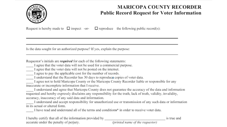 Screenshot of Public Record Request for Voter Information form from the Maricopa County Recorder website.