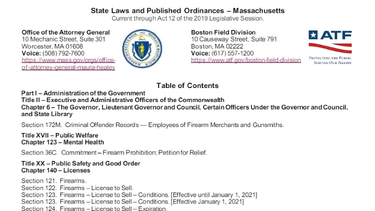 Massachusetts state law screenshot about public welfare and mental health as it relates to a gun background check and firearm background check