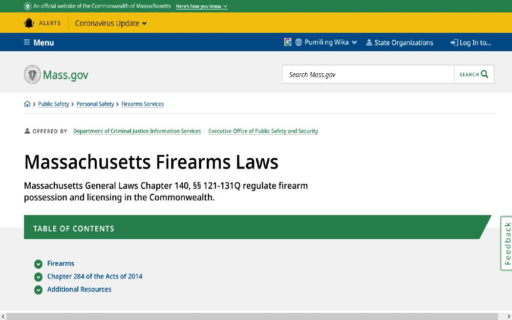 Screenshot of Massachusetts firearm laws regulating possession and licenses explaining why and is there a background check for concealed carry permit in this may issue state. 