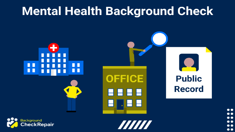 Does a mental health background check show up on the public record a man wonders by searching mental health history on the right with a magnifying glass while standing on top of an office building and another man standing by the front door asks can employers check your mental health history with a hospital in the upper left while he insists does mental health show up on background check or nics background check mental health reports.