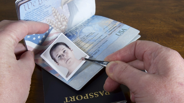 An image of a hand holding a tweezer with a photo indicating passport forgery.