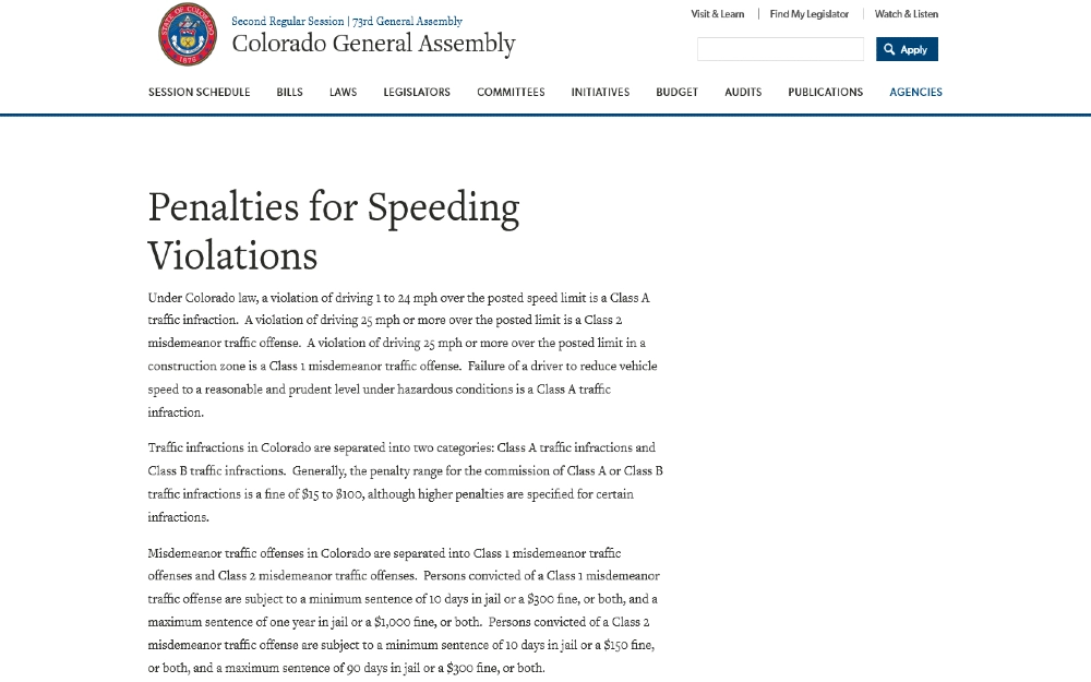 Penalties for speeding violations in Colorado screenshot which explains does a citation go on your criminal record