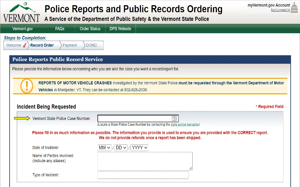 Vermont Police reports and public records screenshot for finding background check, Vermont information and learning how long a vermont background check takes with a yellow arrow pointing to Vermont State police case number search portal. 