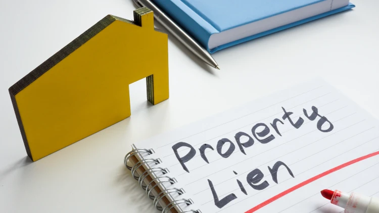 A small house cutout and a notebook with the words 'property lien' written on it on top of a white table.