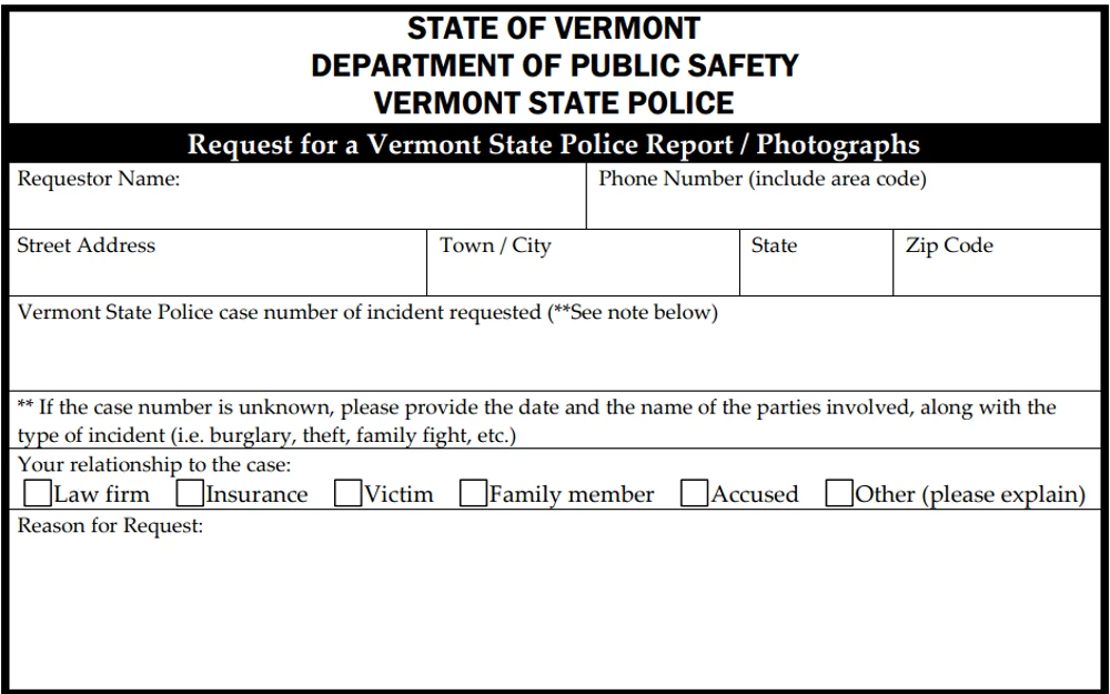 Request for a Vermont State Polcie report and photpgraphs for how to get mugshots in Vermont and how to find criminal records, Vermont. 