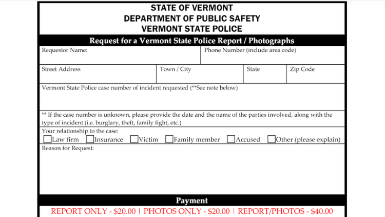 Request for a Vermont State Police report and photographs for how to get mugshots in Vermont and how to find criminal records, Vermont. 