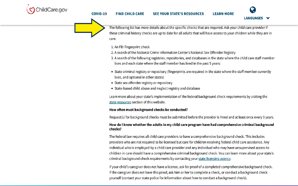 Screenshot of Child care .gov which outlines the process for how long does a pre employment background check usually take and how long does it take for results of a pre employment background check. 