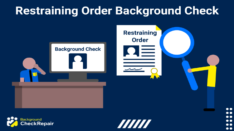With a restraining order, background check reports can show them, and a man wonders while asking himself does restraining order show up on background check by holding up a magnifying glass while a policeman sits at a brown desk behind a computer with a background check online on the screen confirming the restraining order on background check is active and scratching his chin.
