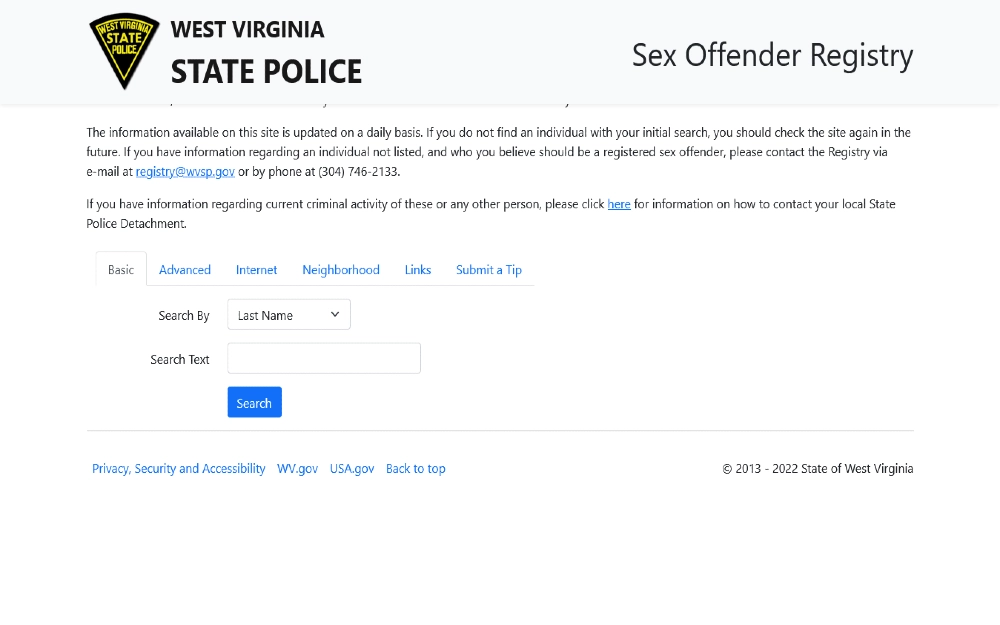 WV state police sex offender registry screenshot search tab for finding west virginia case search by name