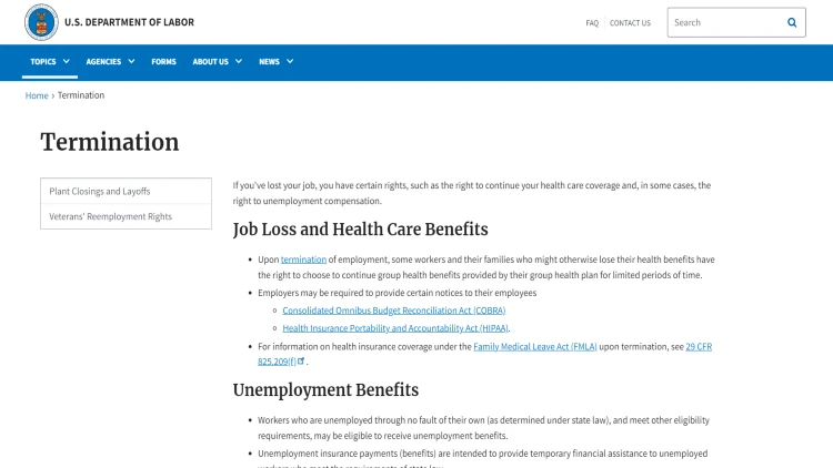 US Dept of Labor screenshot with information about does job abandonment affect you and does job abandonment go on your background check.