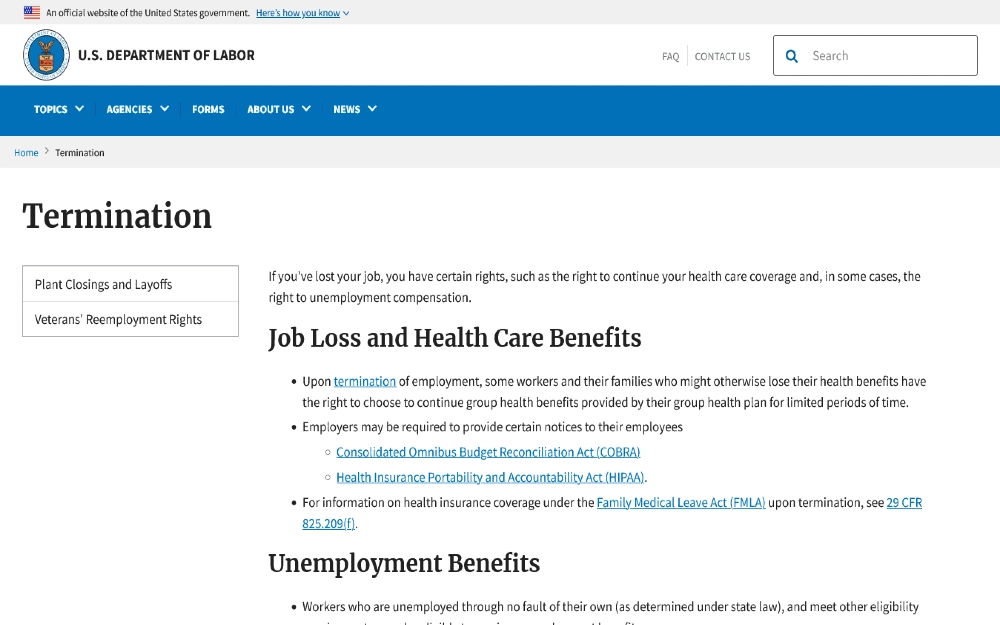 US Dept of Labor screenshot with information about does job abandonment affect you and does job abandonment go on your background check. 