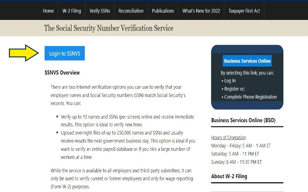 Social Security verification screenshot with arrow pointing to login for SSNVS as one of hte items that answer what do most companies look for in a background check. 