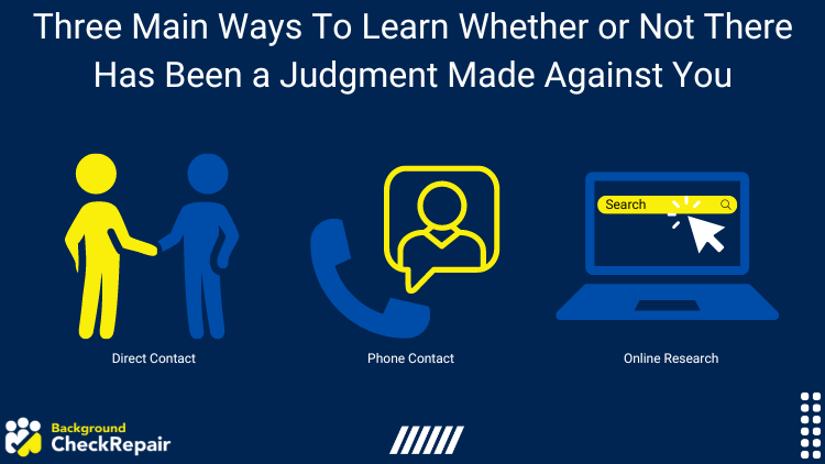 Graphic showing three main ways to learn whether or not there has been a judgement made against you including direct contact, phone contact, and online research.