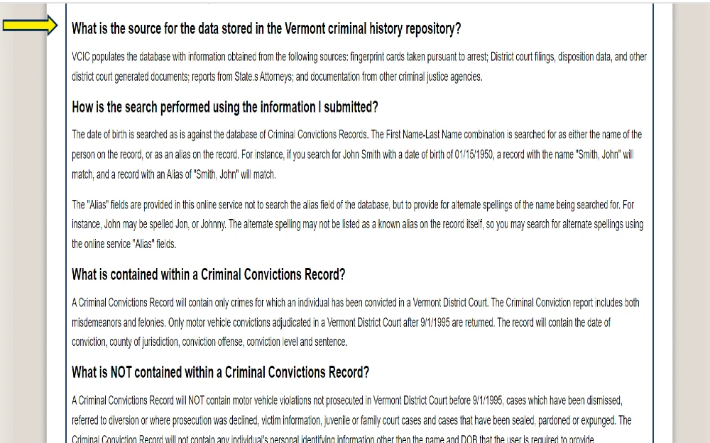 Yellow arrow pointing to FAQs about Vermont backgorund checks and how to find Vermont Court Records (Search Vermont Warrants) and DHS Criminal Records