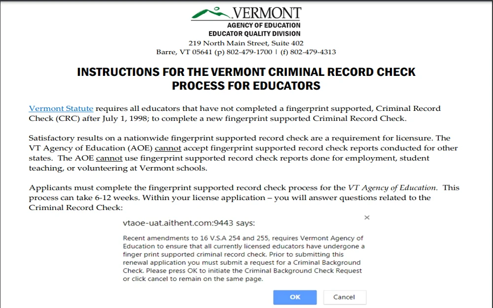 Screenshot of the Vermont criminal record check process for educators part of the background check for teachers in Vermont. 