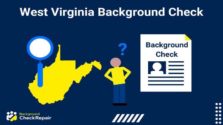 West Virginia background check document on the right with a man looking it over wondering how do I get a background check in west Virginia and do a criminal history records check west Virginia, a west Virginia fingerprint background check document, and a WV cares background check application form with a blue magnifying glass searching the state of West Virginia outline.