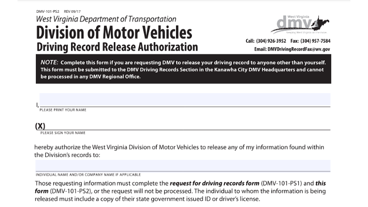WV Dot screenshot of background check form releasing drivers records. 