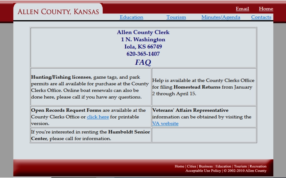 Allen County Kansas screenshot clerk website for open records request form Kansas and accessing state of Kansas background check information. 