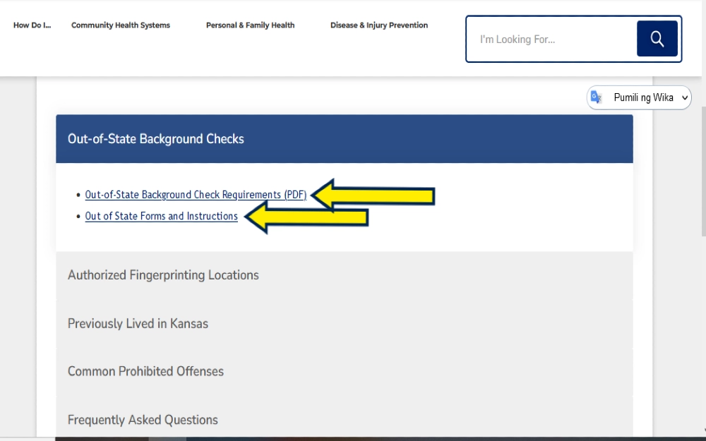 KDHE background check service Kansas screenshot with arrows pointing to background check forms and information on How far back does a background check go in Kansas. 