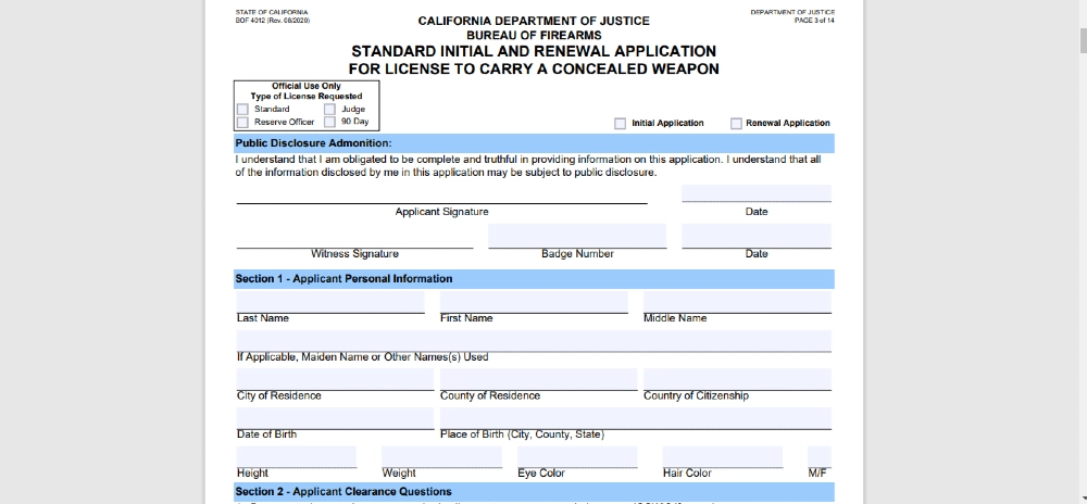 Screenshot of CA application form for license to carry concealed which is part of the background check process for a concealed carry permit and part of the check criminal background check for permit to carry concealed weapon
