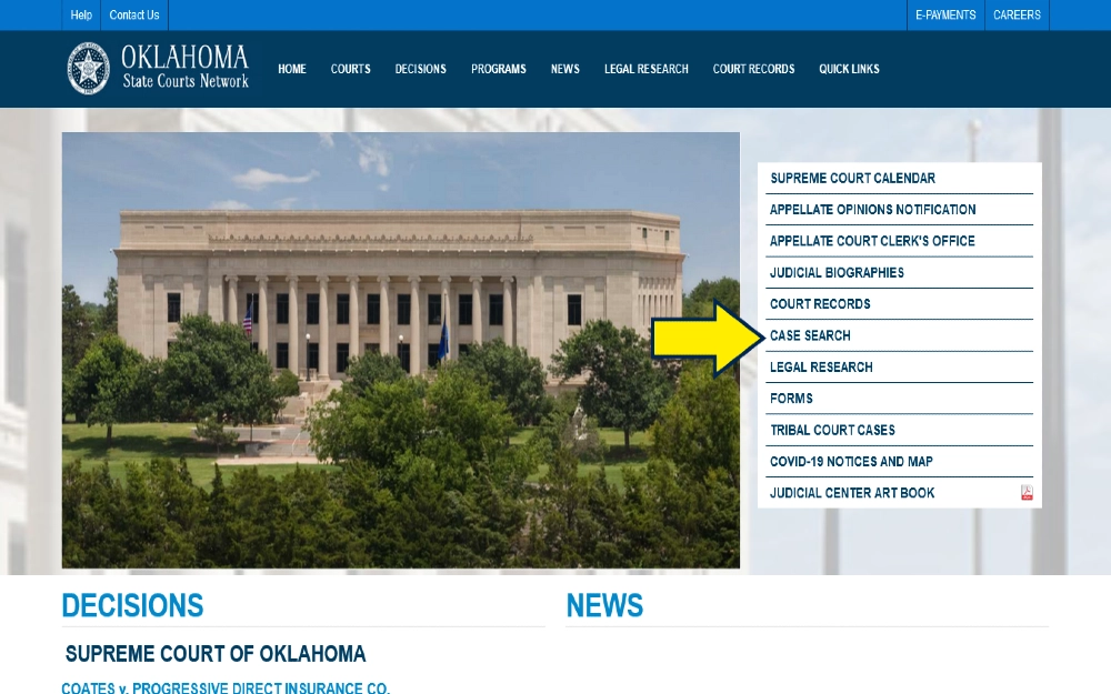 free Oklahoma backgorund check search options screenshot with yellow arrow pointing to case search option for finding criminal records free OK.