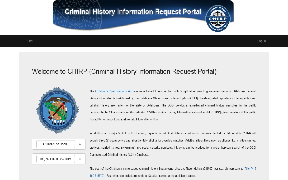 Oklahoma CHIRP (Criminal history information request portal screenshot for using the Oklahoma open records act to gain free criminal history check in Oklahoma. 