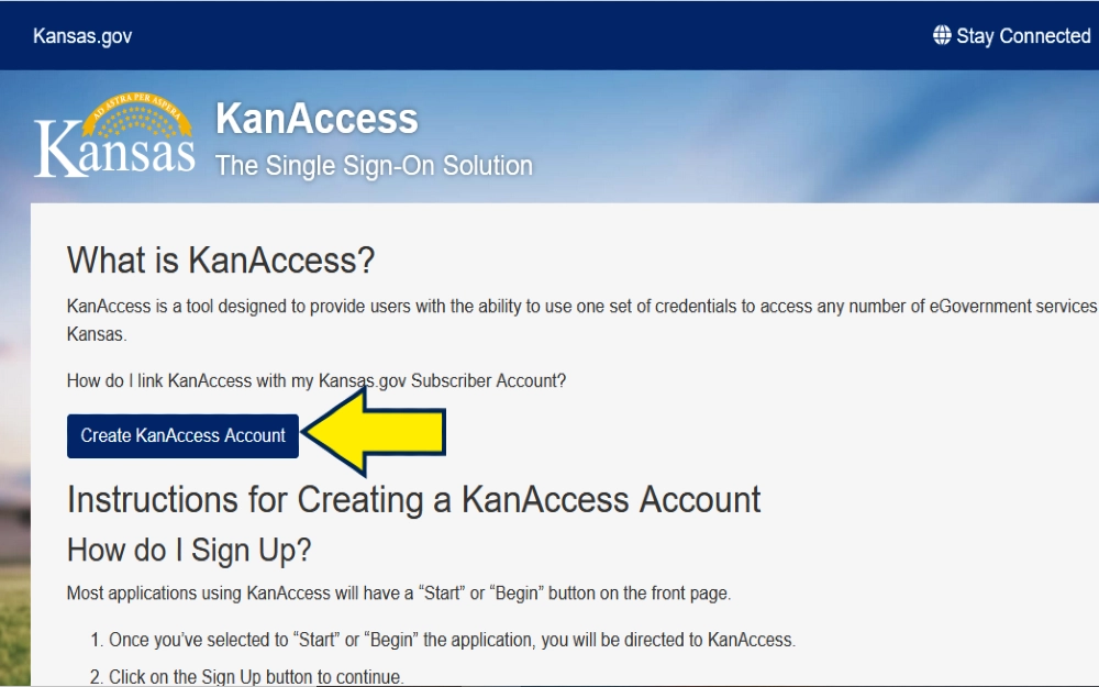 KanAccess account screenshot with yellow arrow pointing to create account button which can be used for how to buy a gun in kansas. 