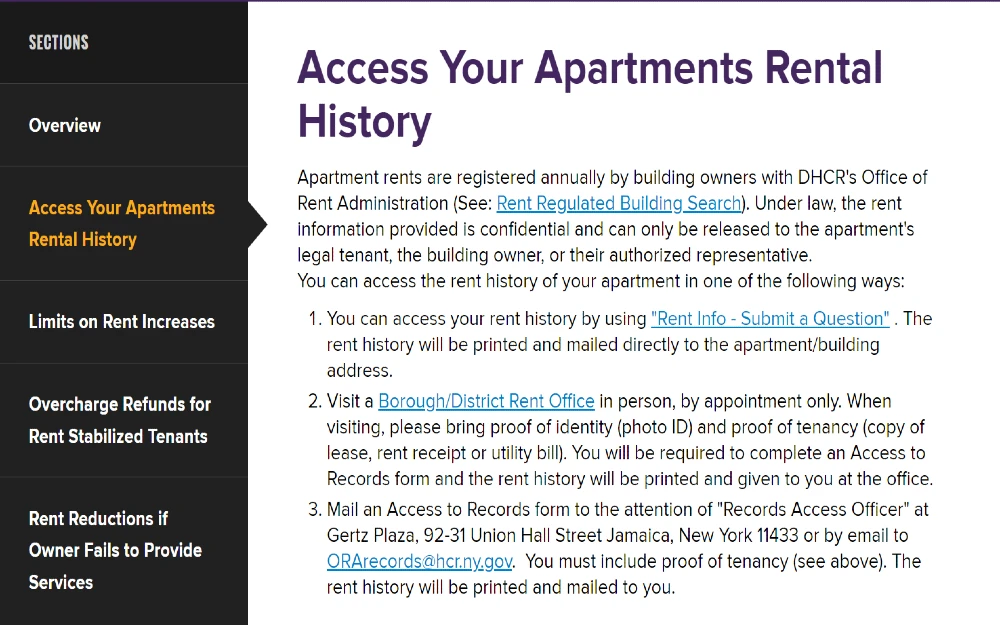 Apartment rental history screenshot for New York tenant background check with links showing how to access rental history, which is one answer to 'what do rental backgorund checks show. 