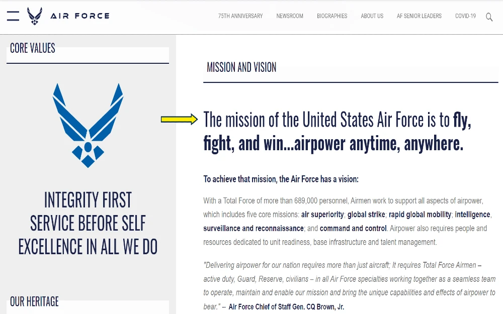 Air Force website screenshot with yellow arrow pointing to the mission and vision of the Air Force. 